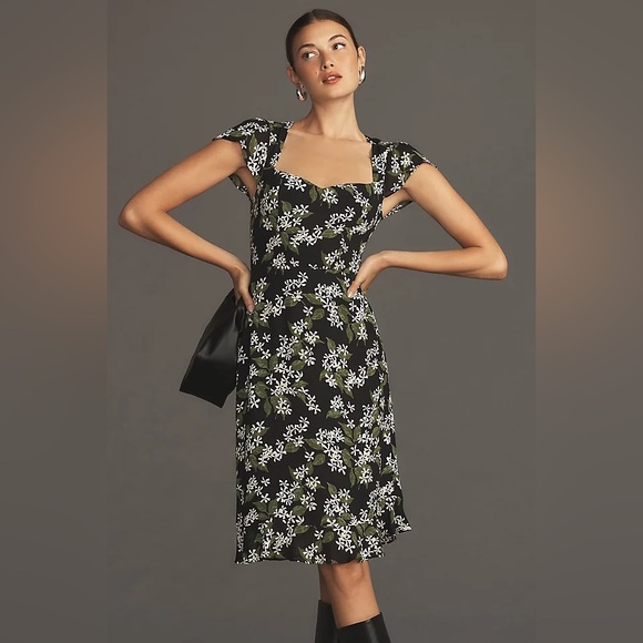 Reformation Rosi Midi Dress Cap Sleeves Tiered Ruffles Aroma Black Floral Size 4 - Picture 2 of 8